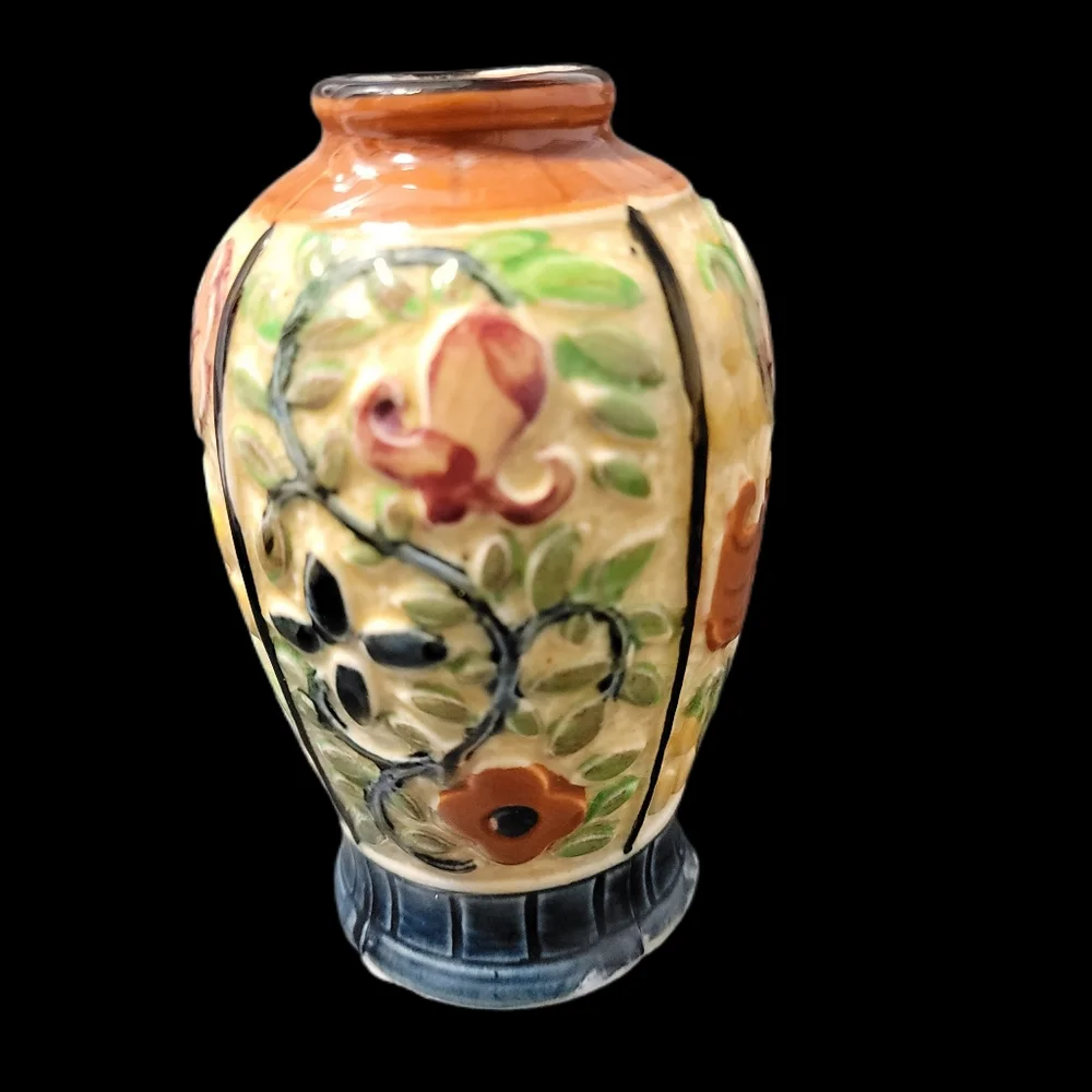 Antique Floral Hand Painted Made in Japan Embossed Pottery Urn Ceramic Vase 5 in